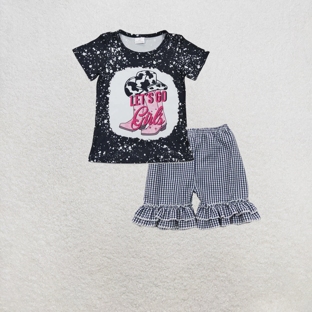 RTS NO MOQ GT0125+SS0068 Boys Baby Girls Cowgirls Cowboys Shorts Sleeve Tee Shirts Tops Set