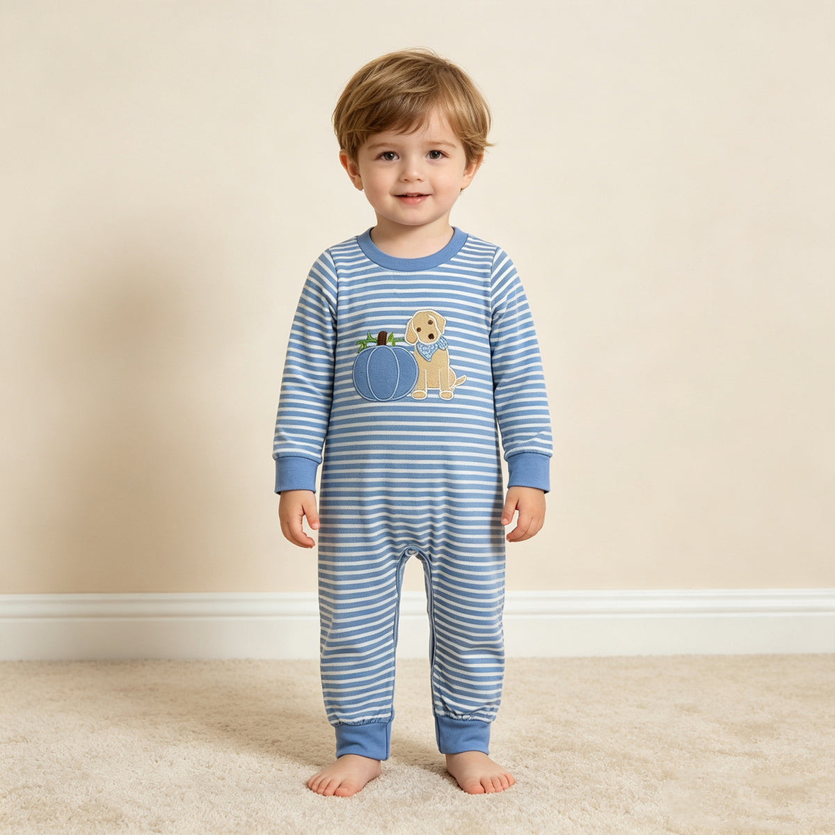 NEW RTS NO MOQ milk silk LR3141 Embroidery Baby Boys Blue Stripe Pumpkin Dog Print Long Sleeve Holiday Romper