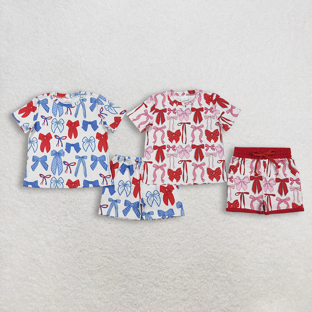 RTS Sibling baby girl clothes bow floral plaid Short Sleeve Shorts sets