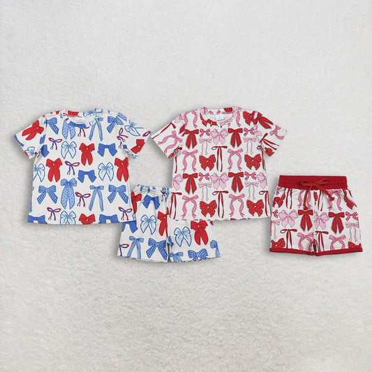 RTS Sibling baby girl clothes bow floral plaid Short Sleeve Shorts sets