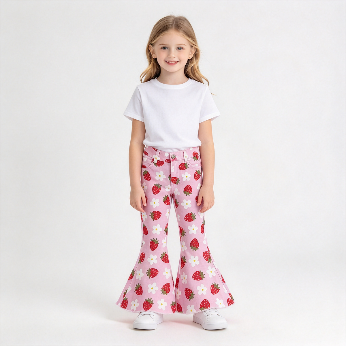 RTS NO MOQ Sibling Denim Baby Girls Pink Strawberry Horse And Bow Print Bell Bottom Flare Pants