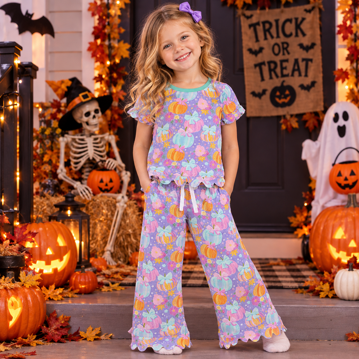 NEW RTS NO MOQ milk silk GSPO2364 Baby Girls Short Sleeve Colorful Flowers Pumpkins Print Top Pants Fall Scallop Trim Outfit