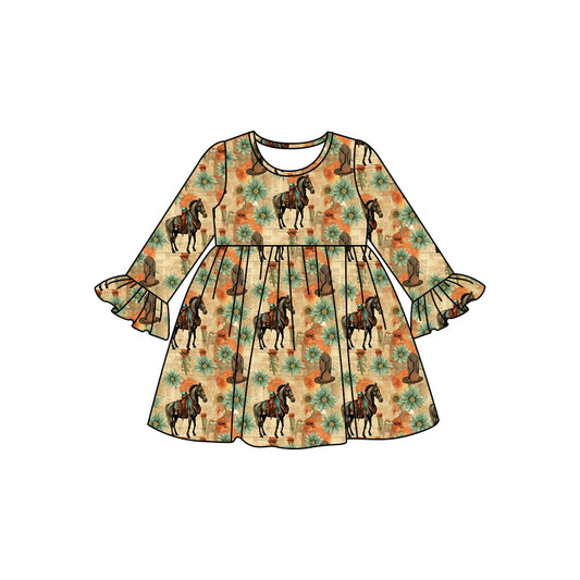 8.2 custom each style moq 5eta 4-6week baby girls clothes riding horse floral  long sleeve dress