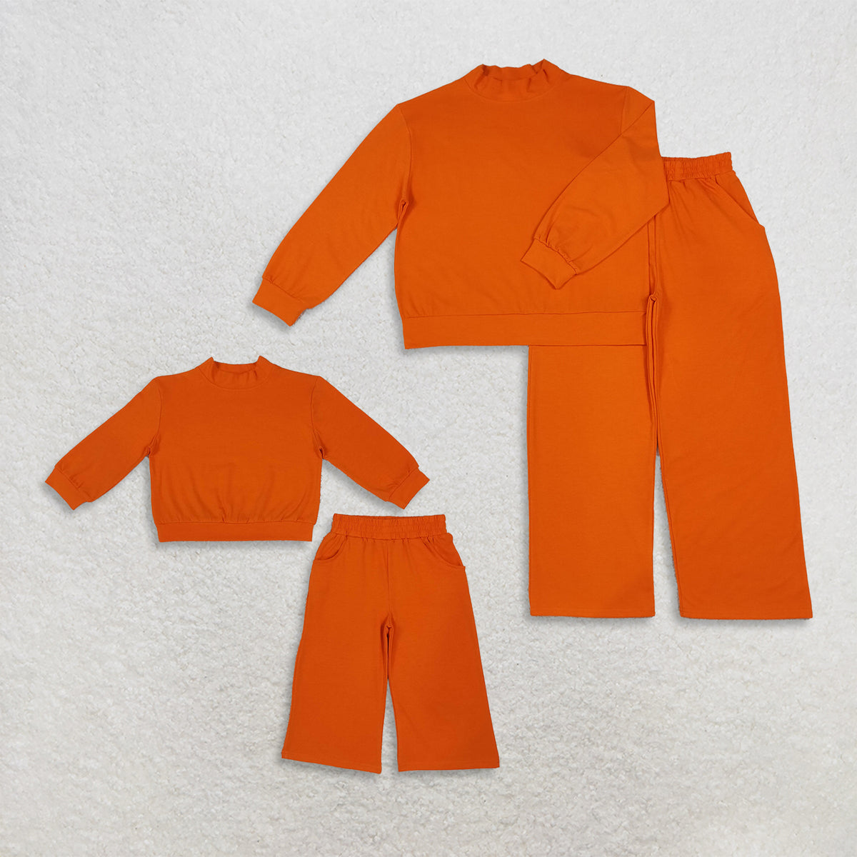 RTS NO MOQ Sibling cotton Adult To Match Kids High Neck Solid Orange Mock Neck Long Sleeve Top Wide Leg Pants Set
