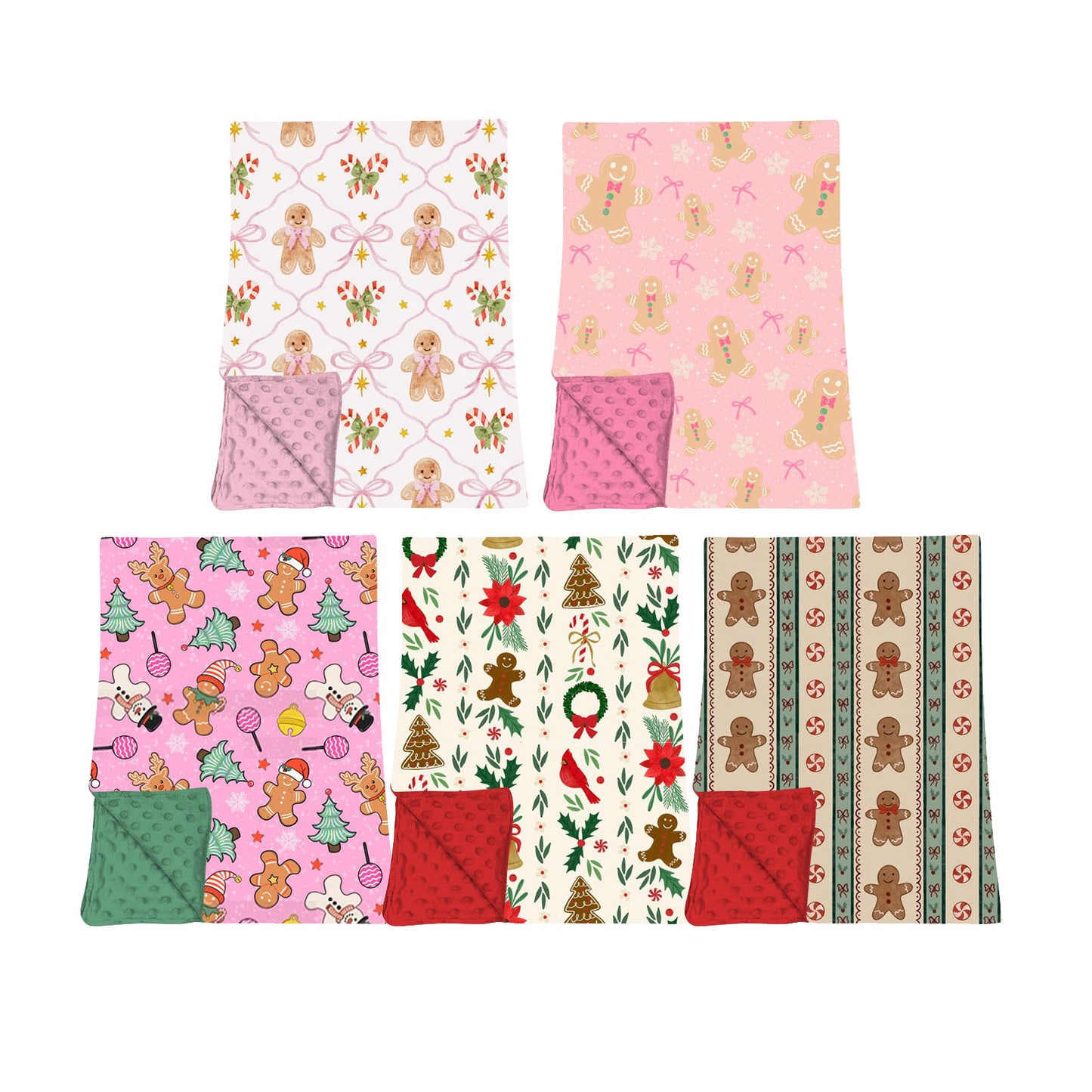 (Preorder new) No moq Kids Pink Gingerbread Man Bow Snowflake Print Minky Dot Back Baby Christmas Blanket