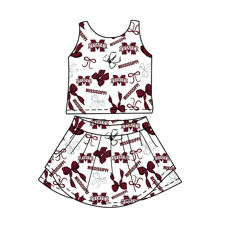 Custom moq 5 mix size milk silk summer teams Dark Red Bow Baby Girls Vest Top Skirt Shorts Sets Sleeveless Yoga Knee Length Dresses Yoga Shorts