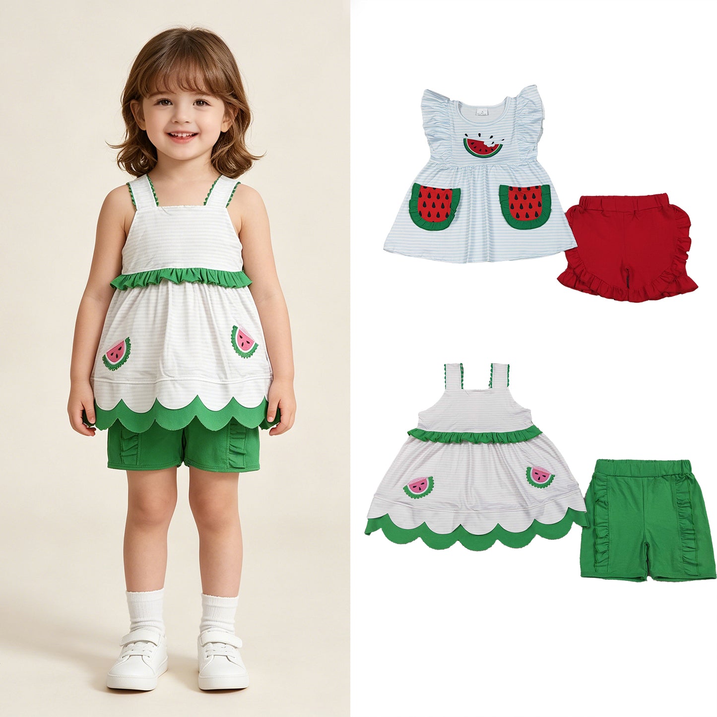 RTS NO MOQ Sibling cotton Baby Girls Watermelon Embroidery Scallop Tunic Ruffle Shorts Set