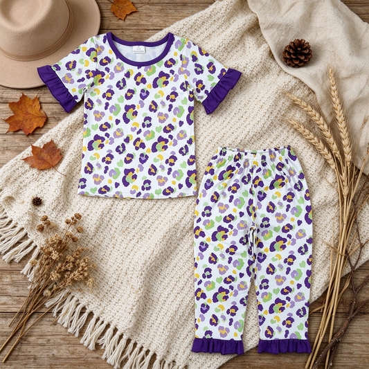 NEW RTS NO MOQ milk silk GSPO2388 Baby Girls Purple Leopard Print Short Sleeve Top Ruffle Hem Pant Pajamas Set