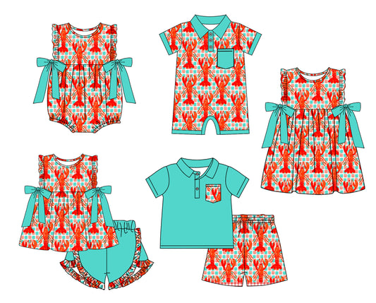 11.29 custom each style moq 5eta 4-6week Sibling Sister crayfish baby girl short sleeve shorts sets and sets 2 and girls romper and boy romper and dress match design