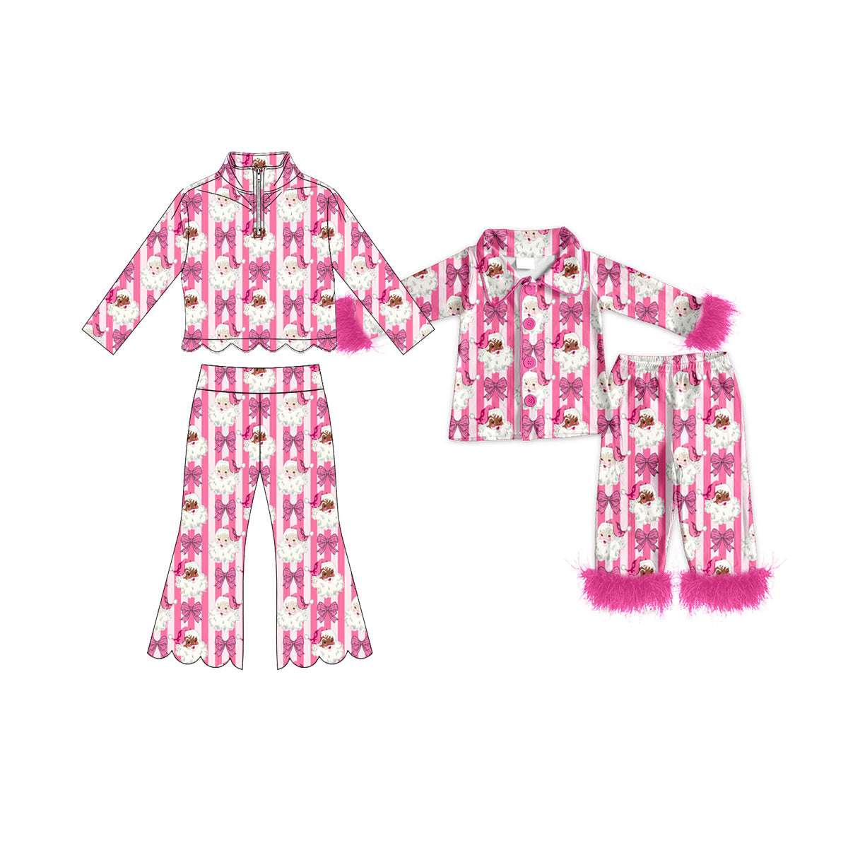 (Preorder new) No moq Baby Girls Pink Stripes Bow Santa Button Fluffy Fur Sleeve Top Pants Sleepwear Set Zip Pullover Flare Pant Christmas Scallop Clothes Set