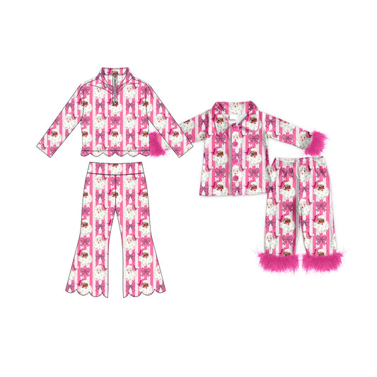 (Preorder new) No moq Baby Girls Pink Stripes Bow Santa Button Fluffy Fur Sleeve Top Pants Sleepwear Set Zip Pullover Flare Pant Christmas Scallop Clothes Set