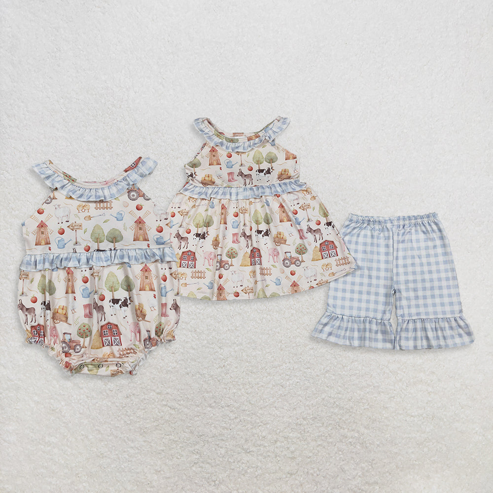 RTS NO MOQ Sibling Baby Girls Sleeveless Pigs Cows Tunic with Ruffle Checked Shorts Sets  Farm Ruffle Rompers Outfit