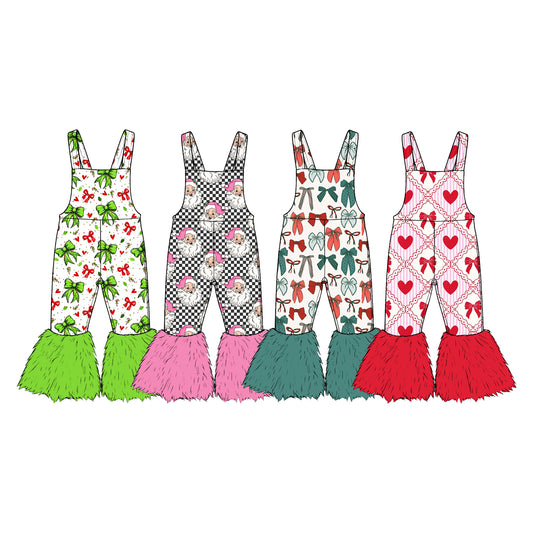 (Preorder new) No moq Baby Girls Christmas Bow Print Sleeveless Overalls Holiday Jumpsuit