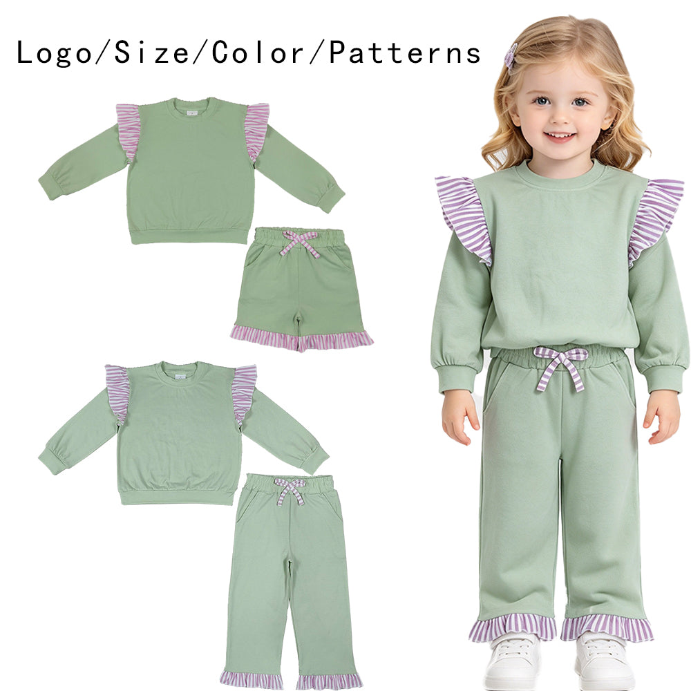 RTS NO MOQ Sibling cotton Baby Girls Light Green Long Sleeve Top With Striped Ruffle And Matching Shorts Or Pants Set