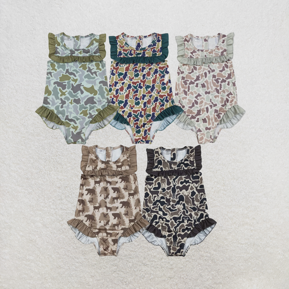 RTS NO MOQ Sibling Baby Girls Southern Hunting Green Ducks Camo Ruffle Swimsuits