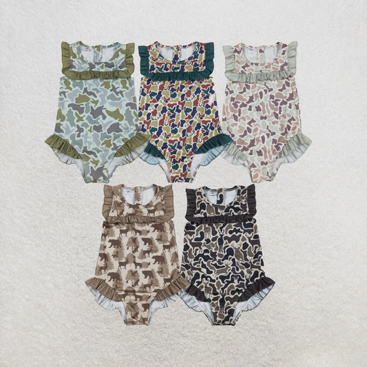 RTS NO MOQ Sibling Baby Girls Southern Hunting Green Ducks Camo Ruffle Swimsuits