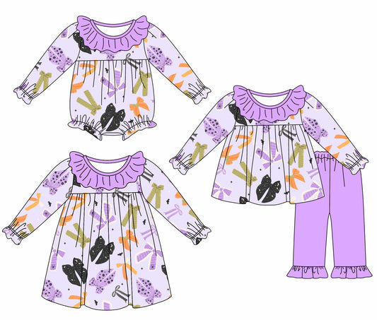 25.6.9 custom each style moq 5eta 4-6week Sibling Sisters bow purple baby girl long sleeve pants sets and dress and rompers match family design