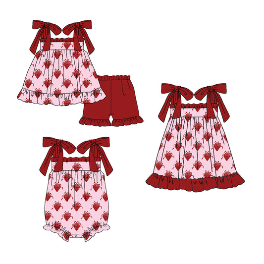 2.12 custom each style moq 5eta 4-6week Sibling Sisters strawberry bow baby girl short sleeve shorts sets and dress and rompers match family design