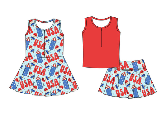 Custom moq 5 mix size Sibling 4th of July Baby Girls' Sleeveless Zipper Yoga Set Skirt Top Set Cute Zipper Yoga Dress for Little Girls