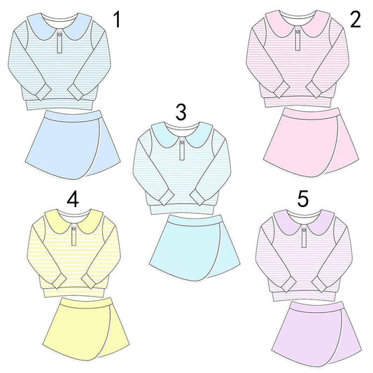custom moq 5 mix size SYCN0101 Baby Girls Striped Peter Pan Collar Top And Skort Set