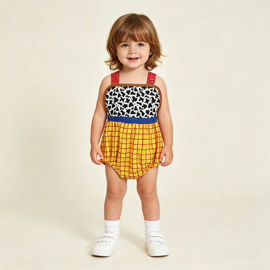 RTS NO MOQ SR4114 Baby Boys Yellow Checked Strap Cow Print Rompers