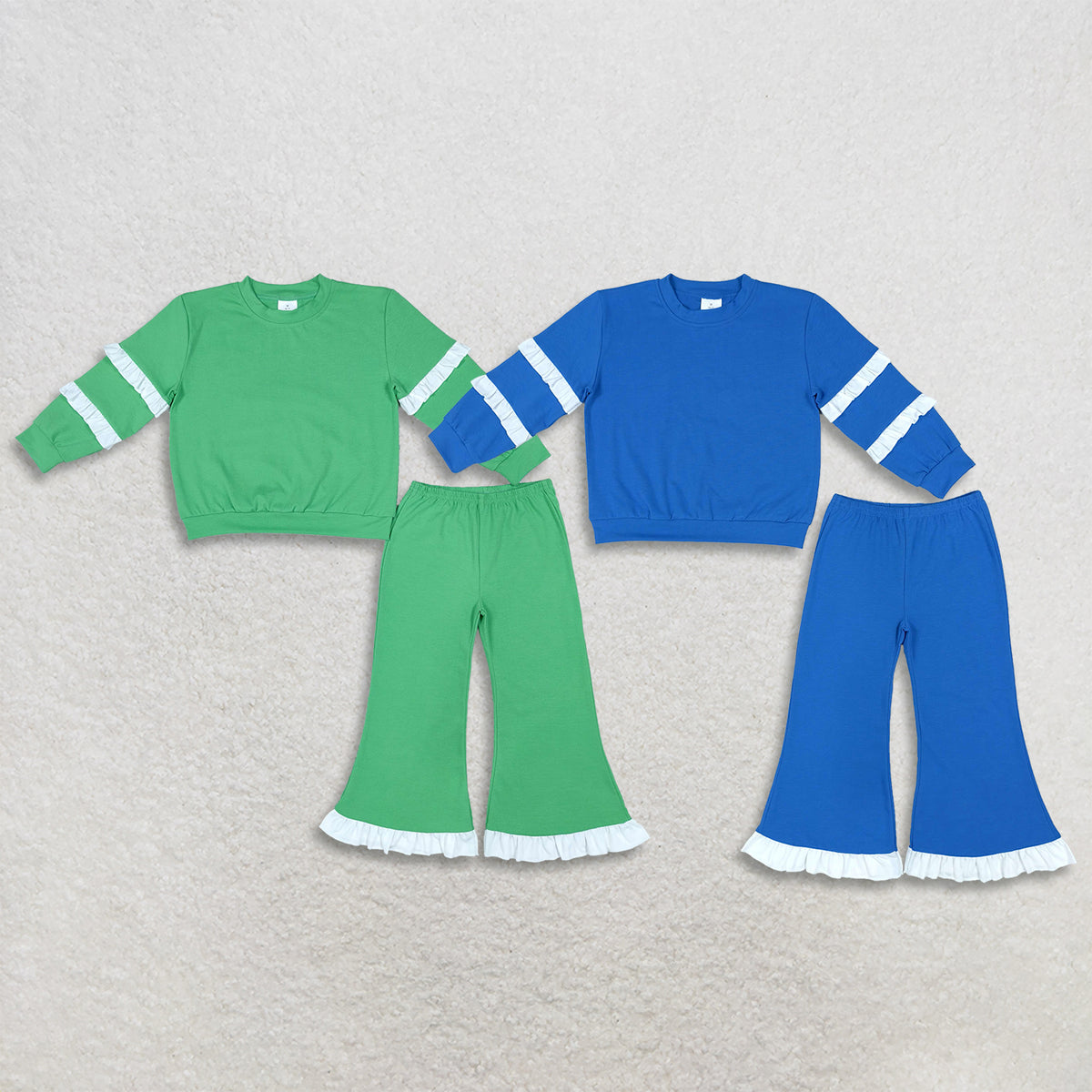 RTS NO MOQ Sibling cotton Baby Girls Solid Color White Double Ruffle Sleeve Top Ruffle Hem Bell Bottom Pants Set