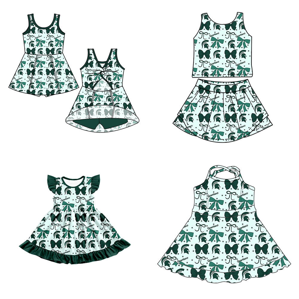 Custom moq 5 mix size milk silk summer teams baby girls clothes team bow green sleeveless skirts sets and dress 1 and dress 2 and dress 3-25.6.26