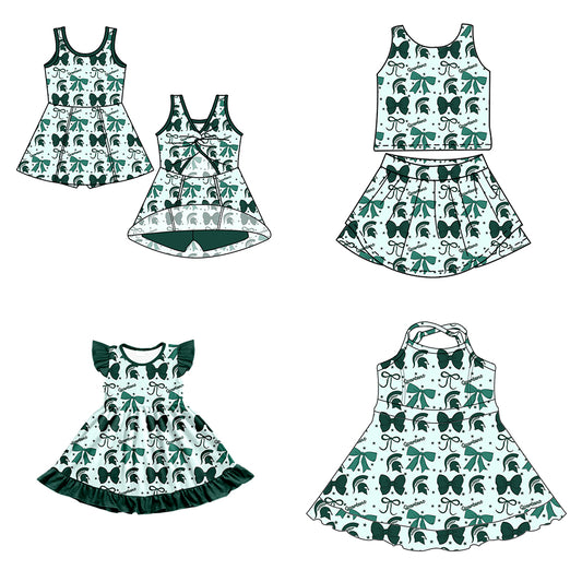 Custom moq 5 mix size milk silk summer teams baby girls clothes team bow green sleeveless skirts sets and dress 1 and dress 2 and dress 3-25.6.26