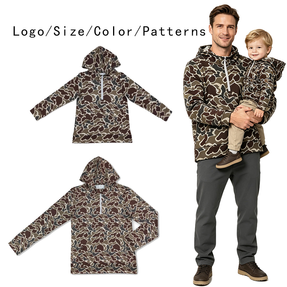 RTS NO MOQ Sibling milk silk Adult To Match Kids Dark Khaki Camo Long Sleeve Zip Pocket Hoodies Tops