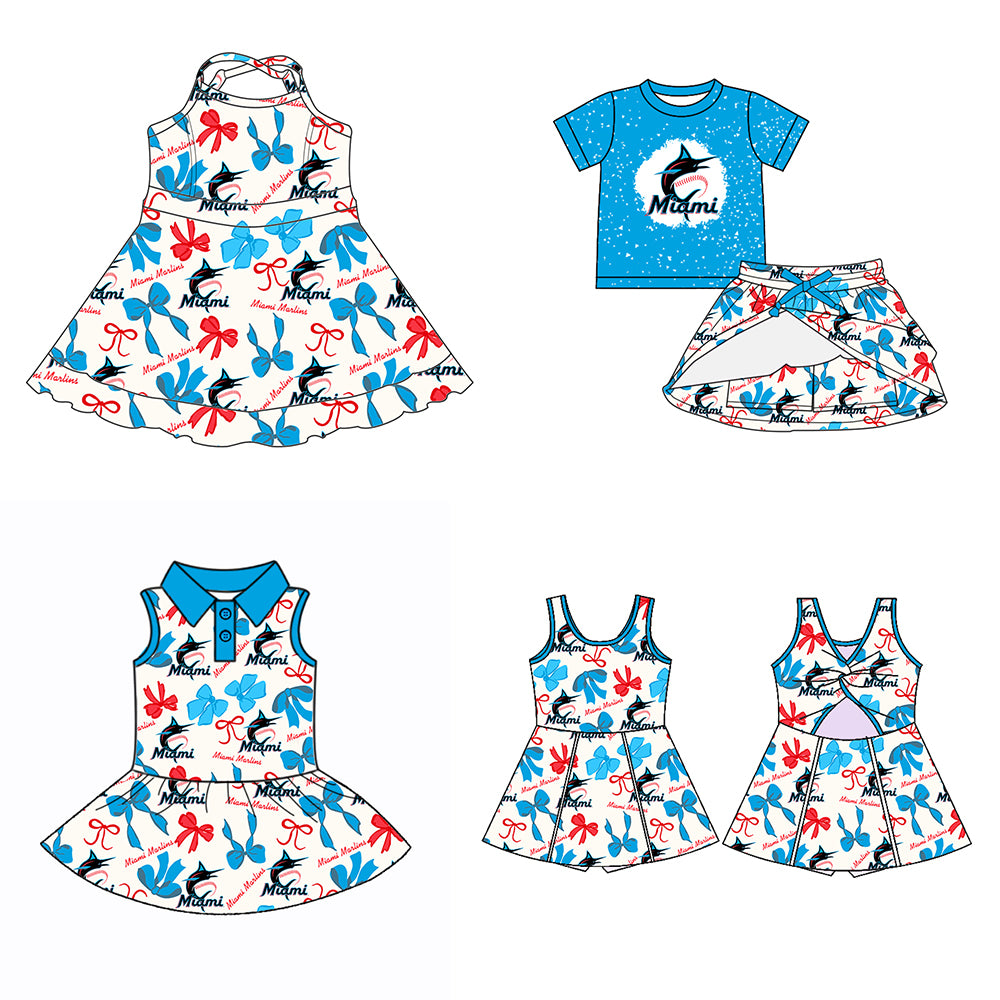 Custom moq 5 mix sizes summer teams baby girls clothes team sky blue short sleeve skirts shorts sets dress 1 and dress 2 and dress 3 and dress 4-25.5.22