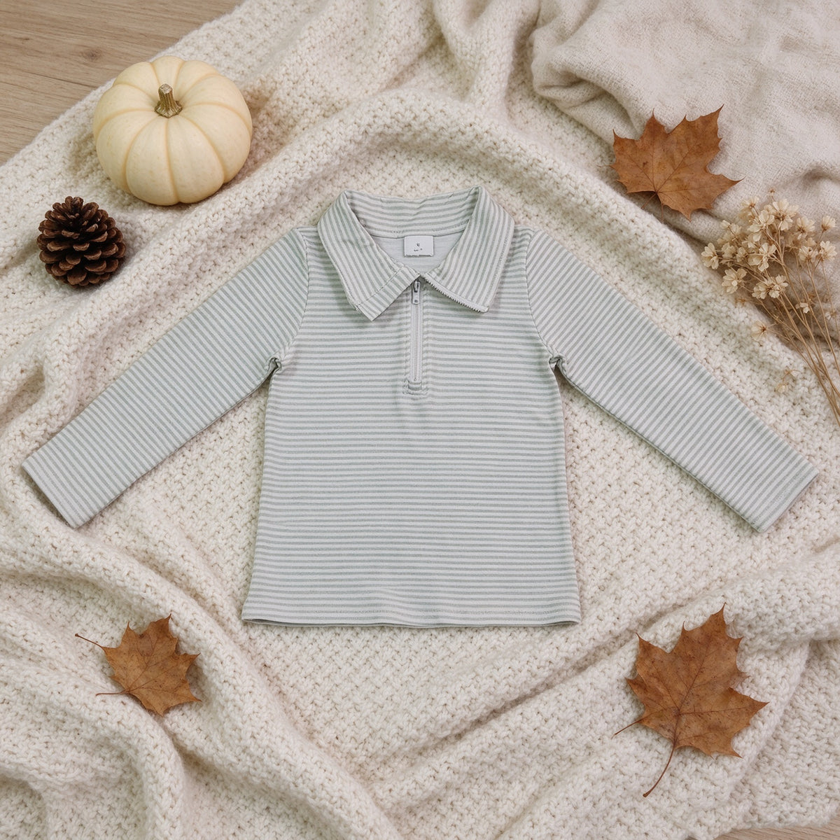 NEW RTS NO MOQ milk silk BT1876 Baby Boys Long Sleeve Green Stripe Zip Pullovers Top