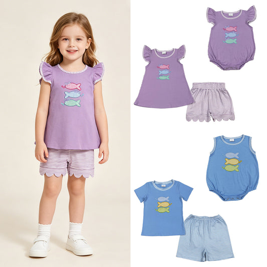 RTS NO MOQ Sibling milk silk Kids Embroidery Fish Pattern Stripe Top Hunting Romper Outfit