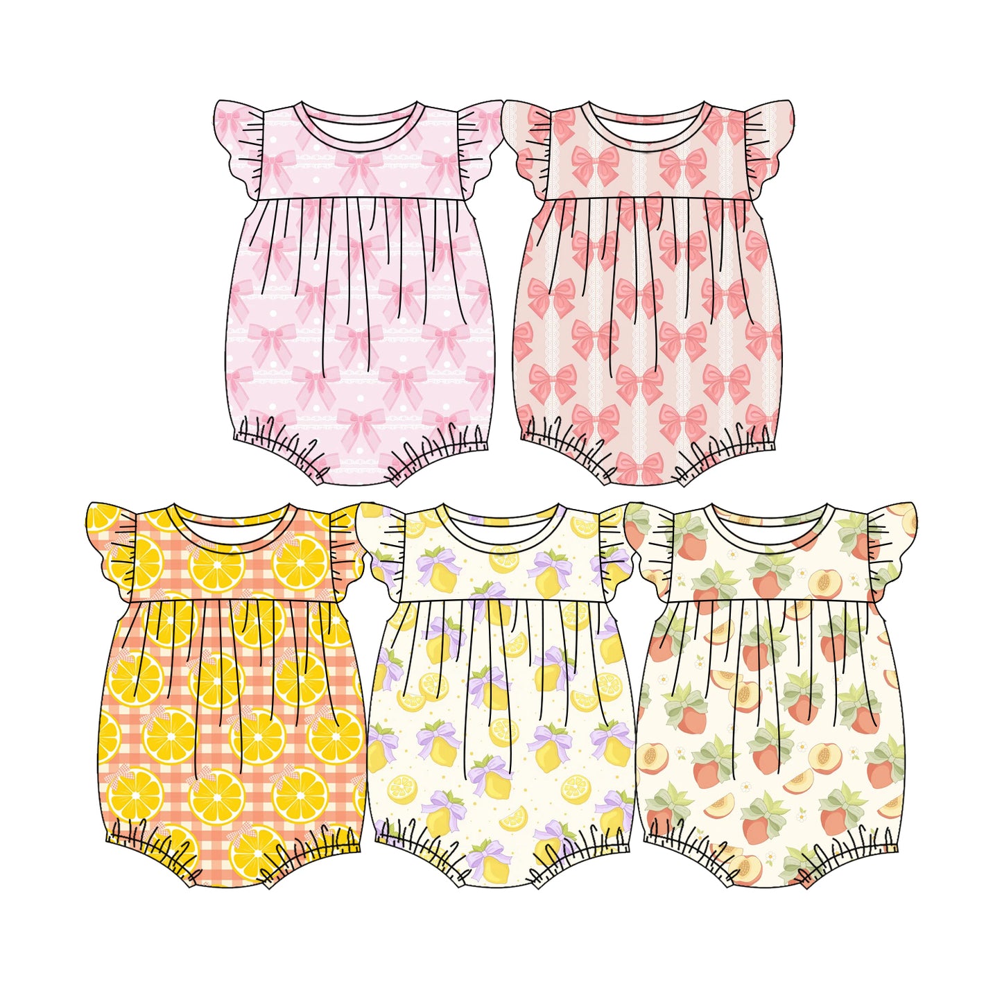 4.7  Custom moq 5 mix size Sibling Baby Girl's Fruit Bow Romper with Flutter Sleeves Infant Outfit