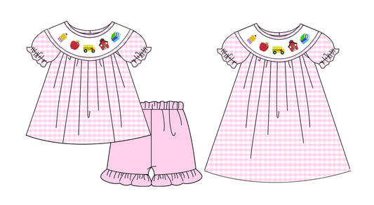 3.3 Custom moq 5 mix size Sibling Baby Girl's pink plaid short-sleeved Top And Shorts Set Cute Dress for Summer