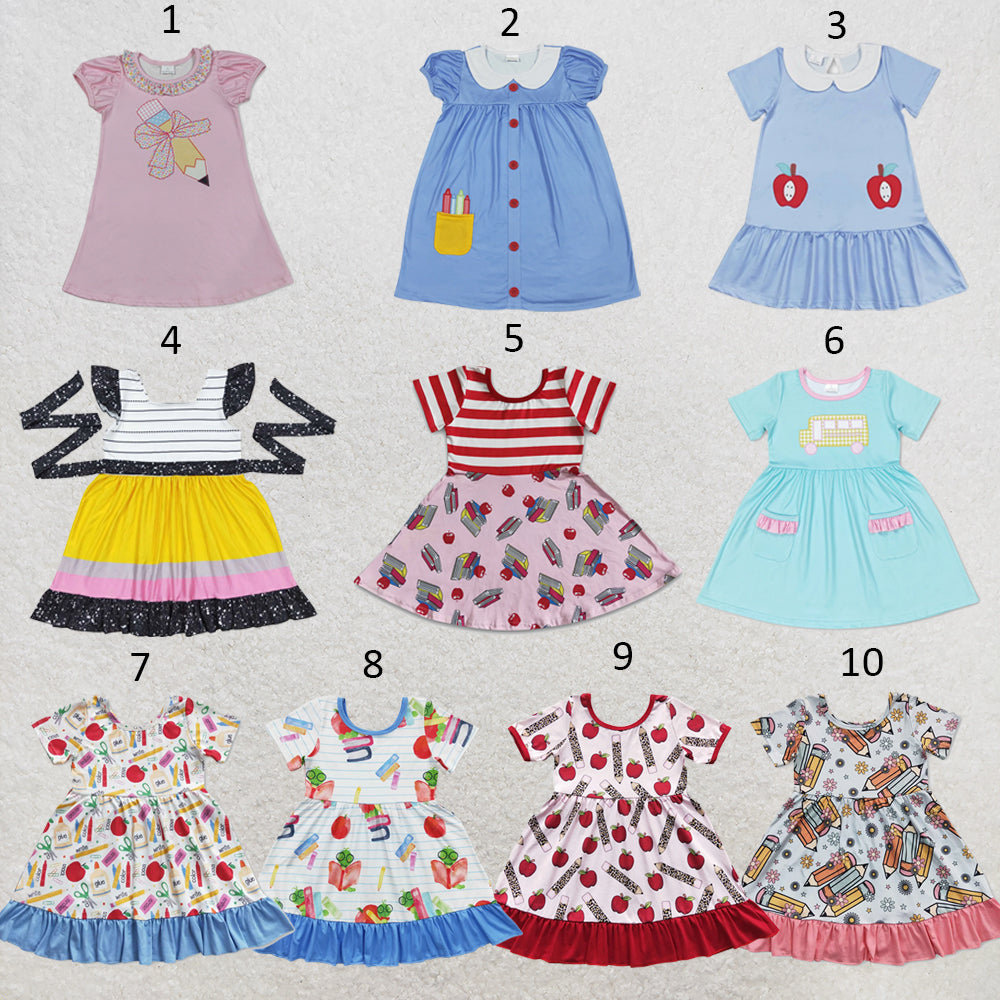 RTS NO MOQ Sibling milk silk Baby Girls Apple Pencil Print Short Sleeve Back To School Knee Length Dress