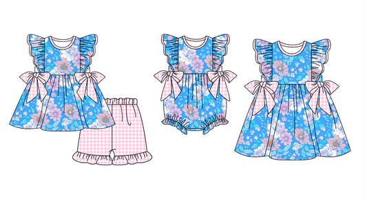 25.12.15 custom each style moq 5 eta 6-8week Sibling Sister floral baby short sleeve shorts sets and romper and dress match design