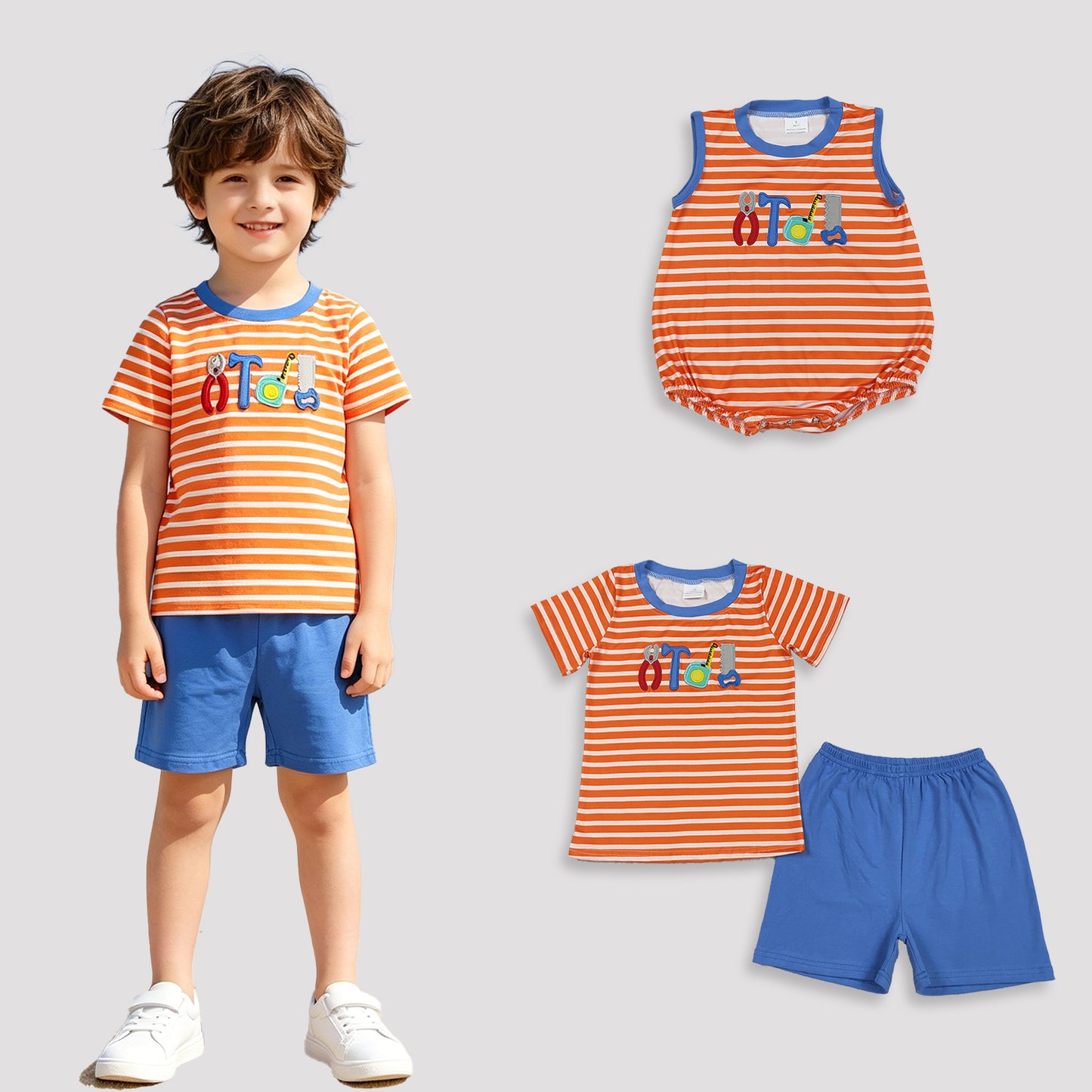 RTS NO MOQ Sibling  Baby Boys Embroidery Tools Orange Stripe Top Shorts Clothes Sets Orange Stripe Rompers