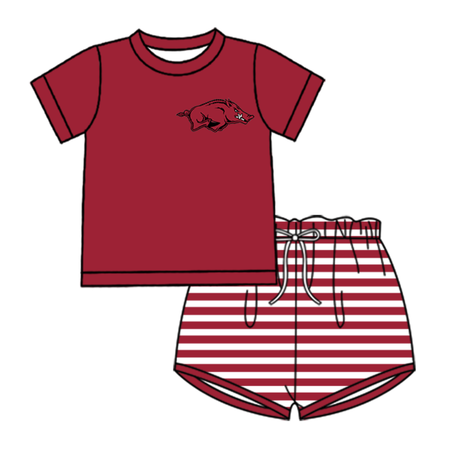 Custom moq 5 mix size milk silk summer teams baby girl boys clothes dark red short sleeve shorts sets and swimsuit and rompers series
