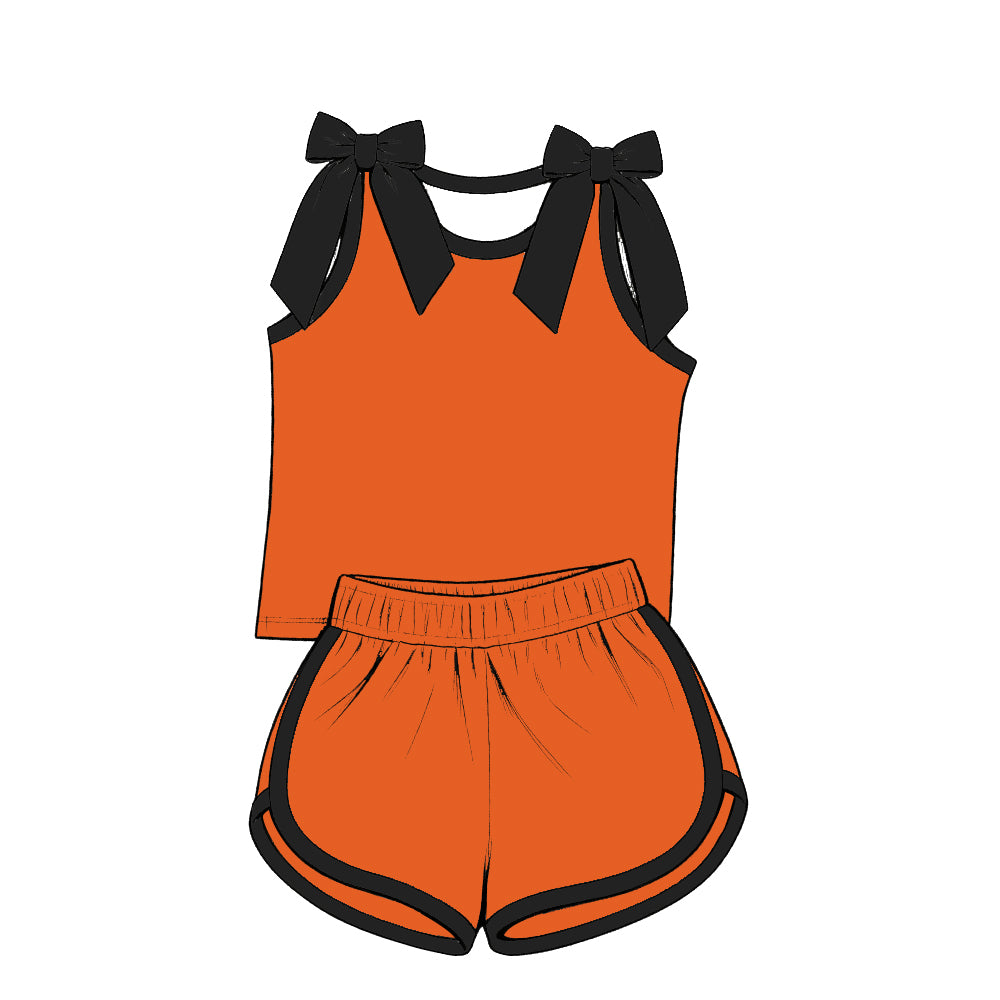 custom moq 5 mix size Baby Girls Black Bow Sleeveless Orange Top Shorts Summer Cute Set