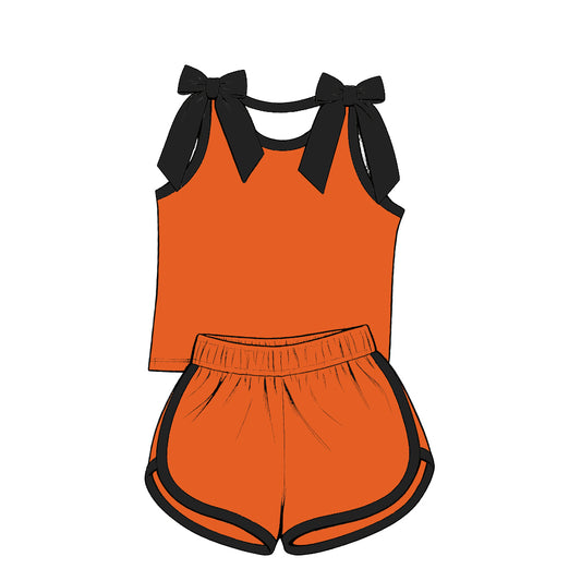 custom moq 5 mix size Baby Girls Black Bow Sleeveless Orange Top Shorts Summer Cute Set