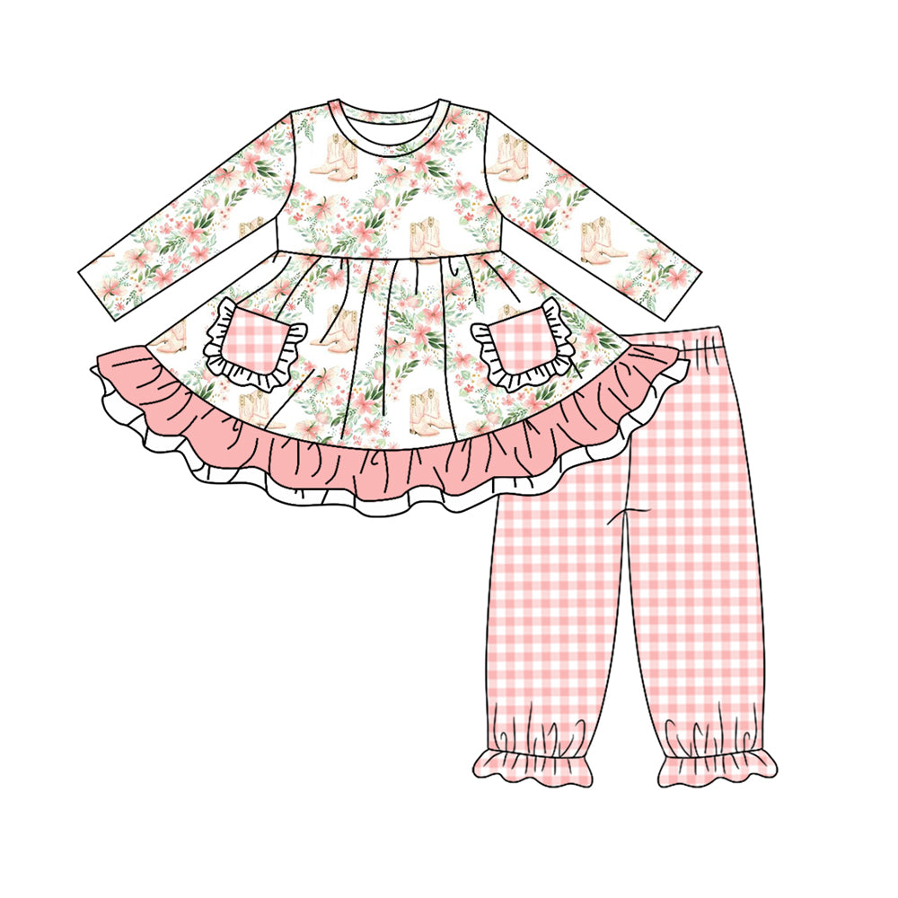 5.21custom each style moq 5eta 4-5week Sibling Sister Western boots with floral print in white and pink lace girls outfits and baby romper and dress match family design