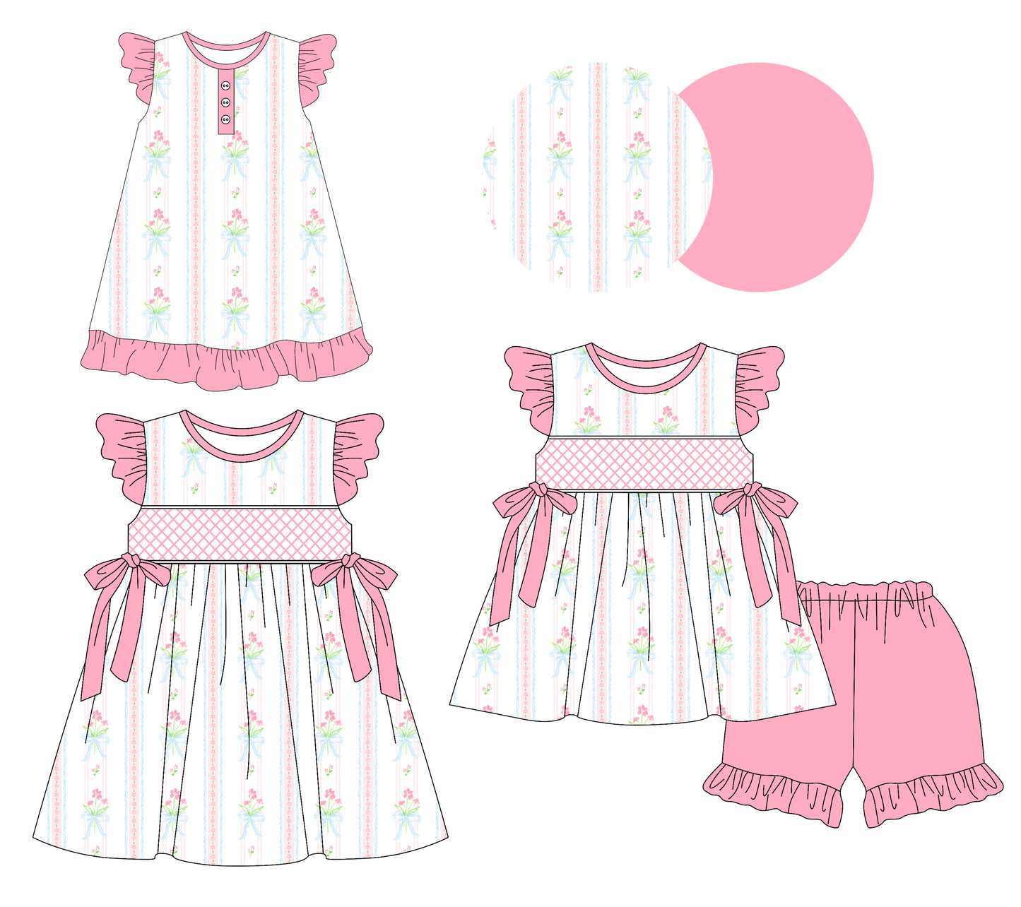 3.11 custom each style moq 5eta 4-6week Sibling Sisters bow floral baby girl short sleeve shorts sets and dress and rompers match family design