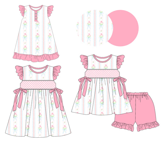 3.11 custom each style moq 5eta 4-6week Sibling Sisters bow floral baby girl short sleeve shorts sets and dress and rompers match family design
