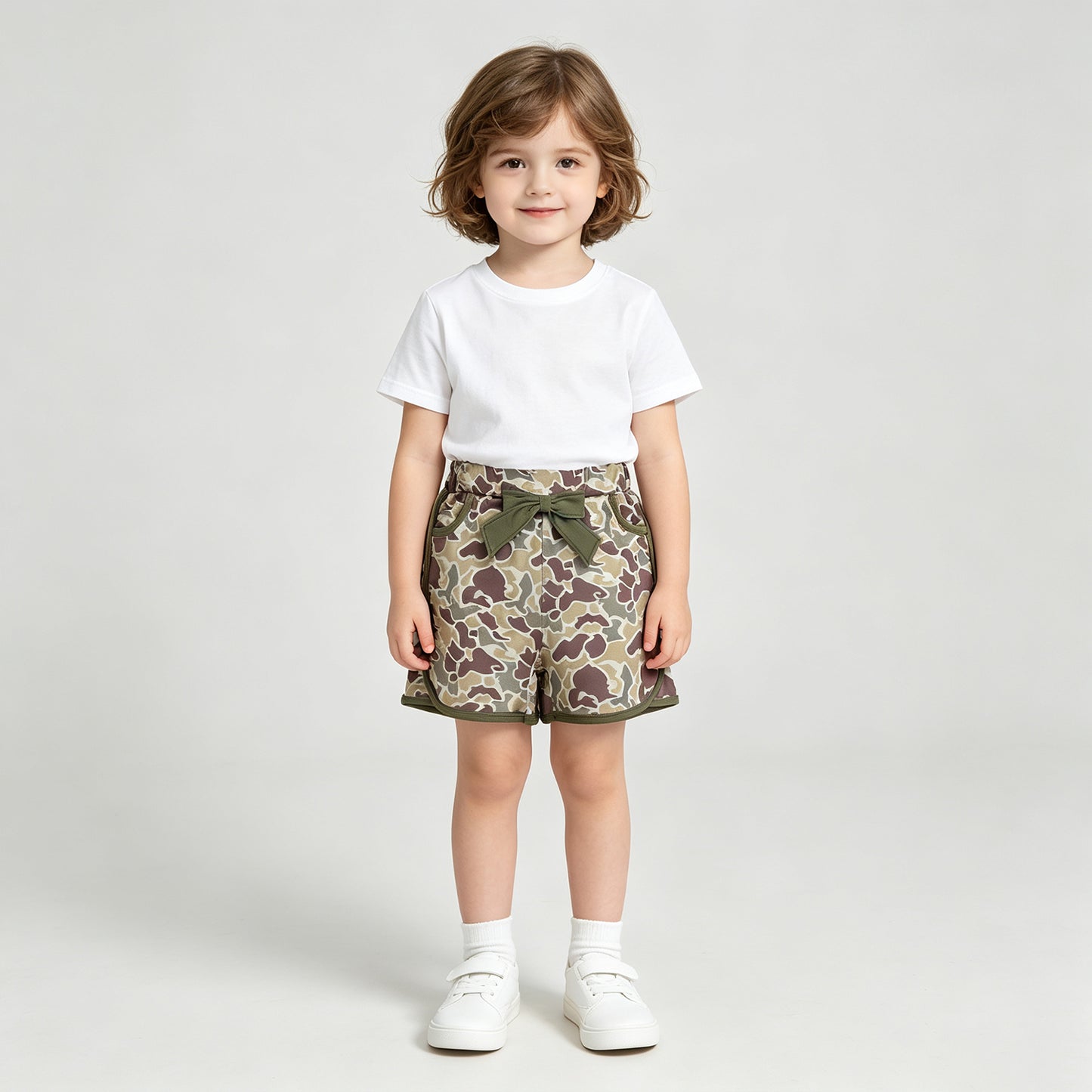 NEW RTS NO MOQ milk silk SS0690 Baby Girls Camo Print Bow Pocket Shorts Casual Bottoms