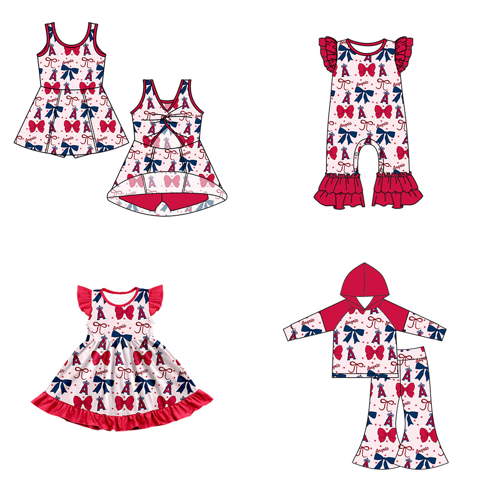 Custom moq 5 mix size milk silk summer teams baby girls clothes team bow red long sleeve hooded pants sets and dress 1 and dress 2 and romper-25.6.16