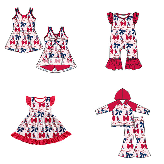 Custom moq 5 mix size milk silk summer teams baby girls clothes team bow red long sleeve hooded pants sets and dress 1 and dress 2 and romper-25.6.16