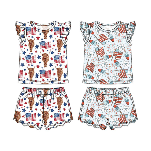 3.31 Custom moq 5 mix size Sibling Baby Girl's 4th of July Flutter Sleeves Top And Scallop Shorts Set Cute Casual Outfit