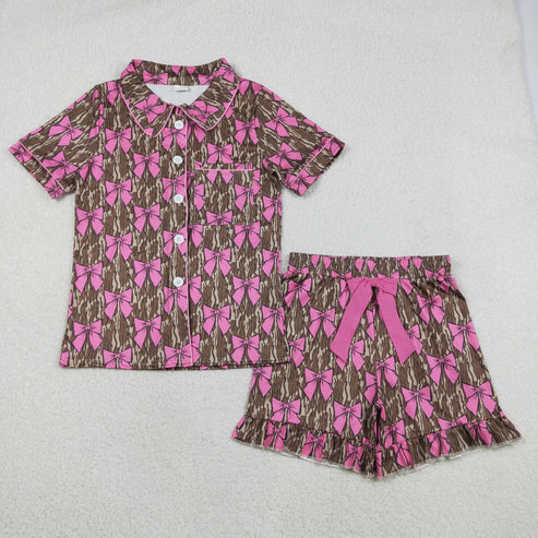 RTS NO MOQ Sibling Family Matching Pajamas Mama Girls Southern Camo Bows Button Pocket Ruffle Shorts Set Children's Wear Sleepwear
