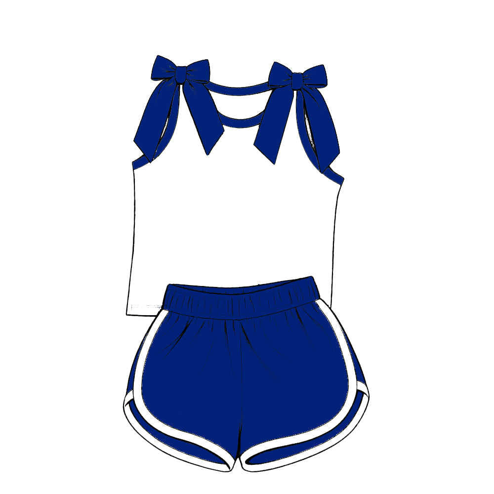 custom moq 5 mix size Baby Girls White Blue Bow Sleeveless Top Shorts Summer Outfit Sets