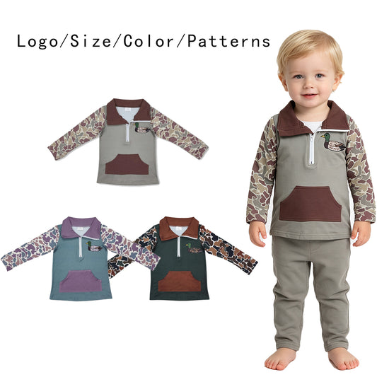 RTS NO MOQ Sibling milk silk Baby Boys Duck Camo Spliced Quarter Zip Pullover Long Sleeve Top With Pocket